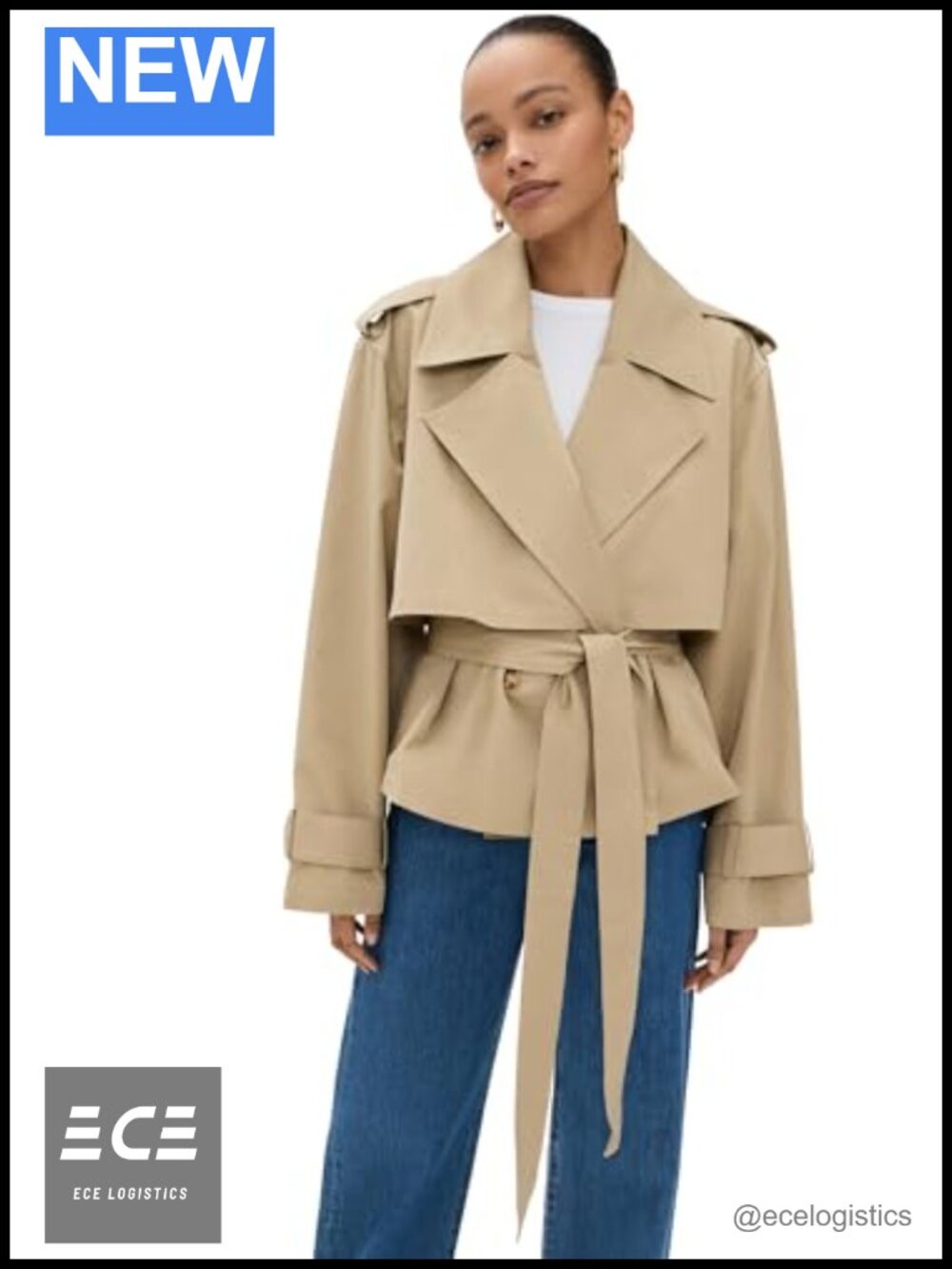 Cropped Trench Coat Double-Breasted Belted Loose Fit Oversized Collar
